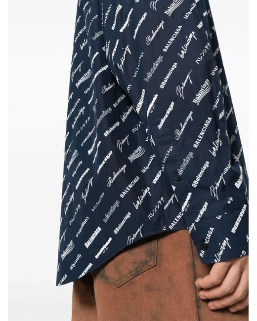 Balenciaga Blue Logo-Print Cotton Shirt for men
