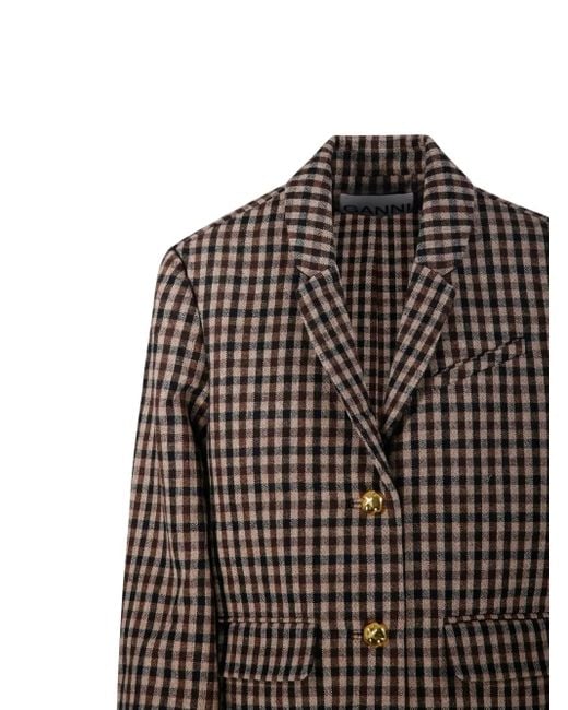 Ganni Brown Single-Breasted Checked Blazer