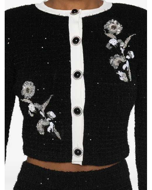 Self-Portrait Black Floral Textured Knit Jacket