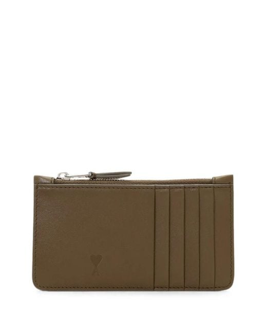 AMI Brown Zipped Cowhide Leather Card Holder With Ami De Coeur
