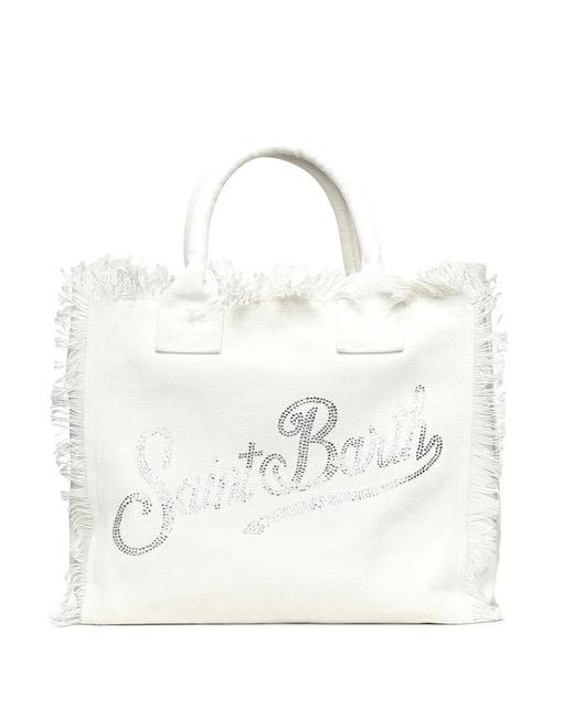 Mc2 Saint Barth White Strass-Embellished Frayed Tote Bag