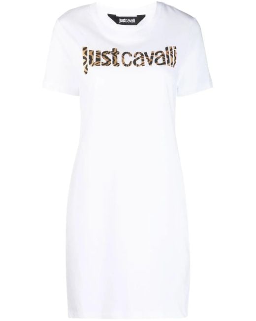 Just Cavalli White Animal-Print Logo T-Shirt Dress