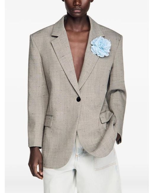 Sandro Gray Flower-Brooch Checked Blazer