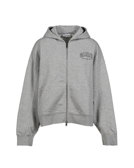 Ganni Gray Logo-Print Zip-Up Hoodie