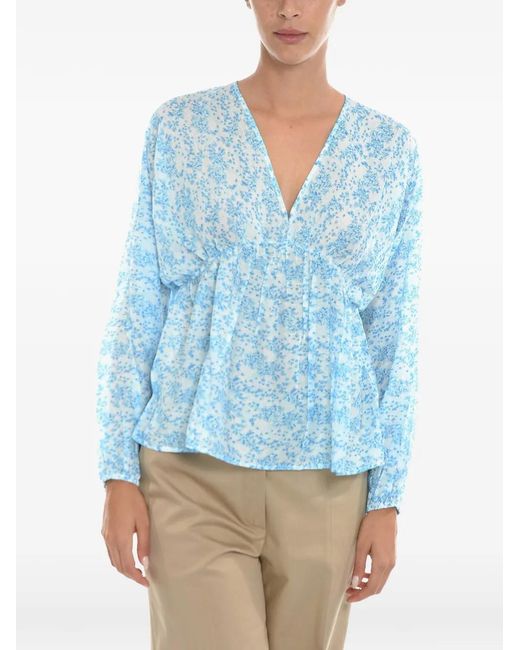 Samsøe & Samsøe Blue Floral-Pattern Puff-Sleeve Blouse