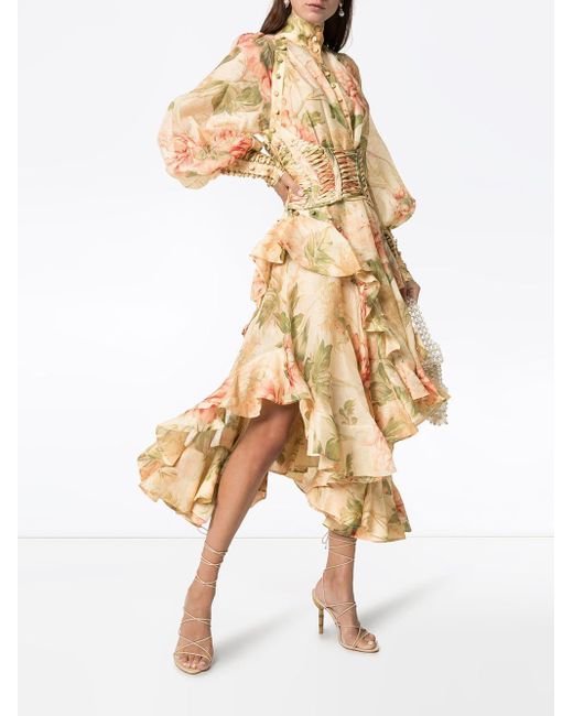 Zimmermann Linen Floral Asymmetric Corset Dress In Beige Natural