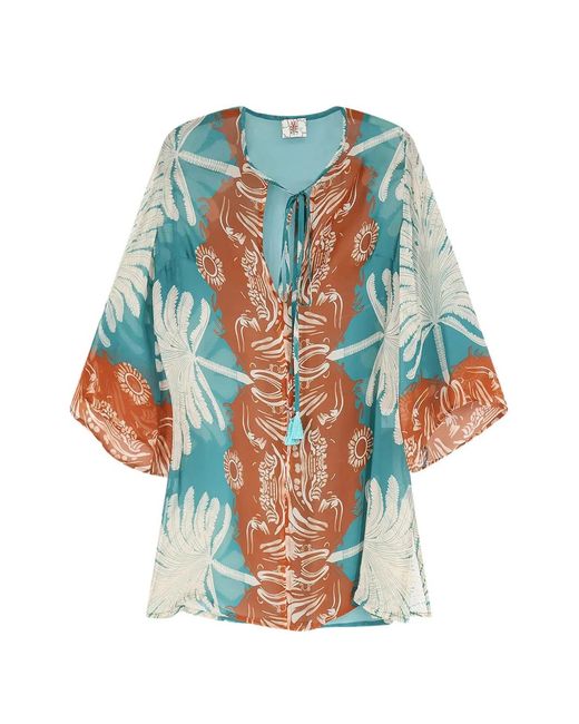 BYE Firenze Blue Palm-Print Lace-Up Shirt