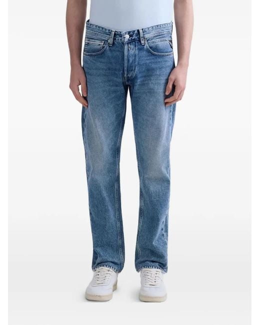 Replay Blue Faded-Effect Logo-Patch Jeans for men