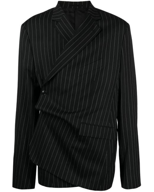 Martine Rose Black Pinstriped Wool-Blend Wrap Blazer for men