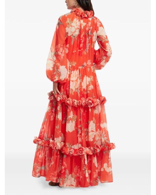 LEO LIN Angela ラッフル フローラル マキシドレス Red