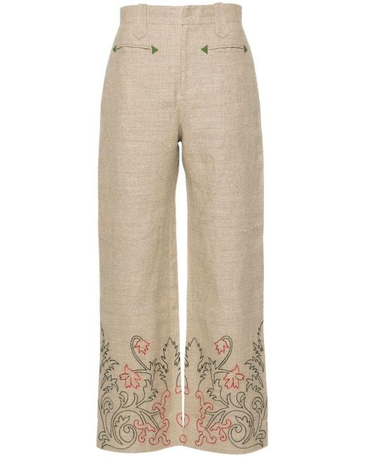 Bode Natural Floral-embroidered Linen Trousers