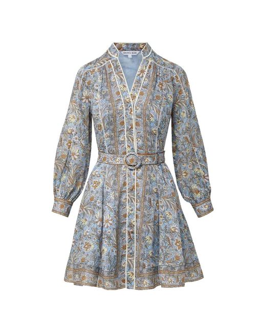 Veronica Beard Gray Kumar Floral-Print Belted Linen Mini Dress
