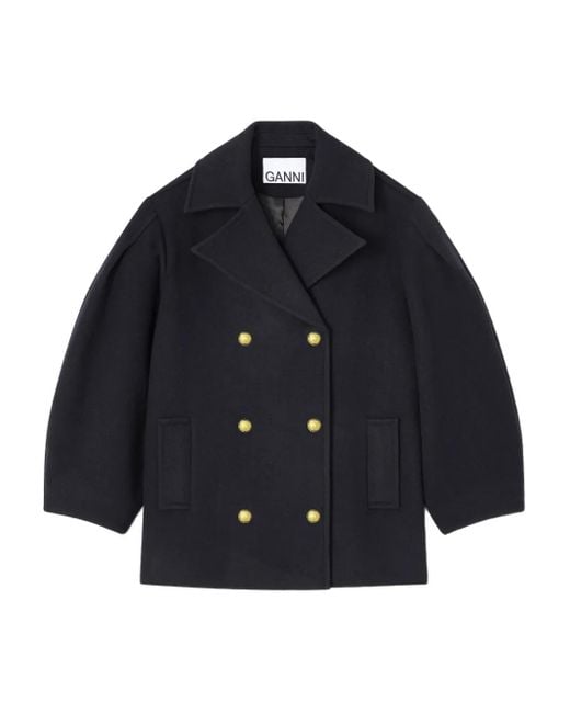 Ganni Blue Wool-Blend Double-Breasted Peacoat
