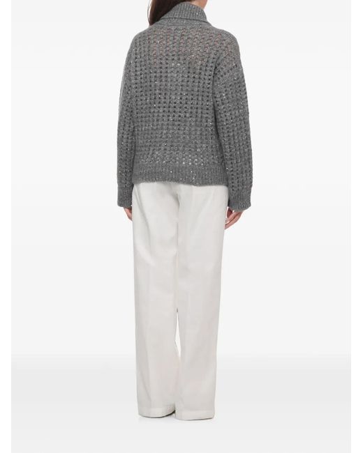 Peserico Gray Sequin-Embellished Perforated Sweater