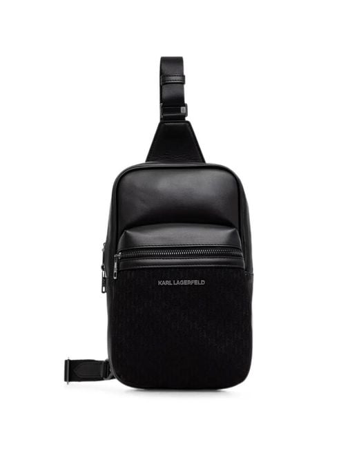 Karl Lagerfeld Black Monogram-Pattern Logo-Plaque Backpack for men