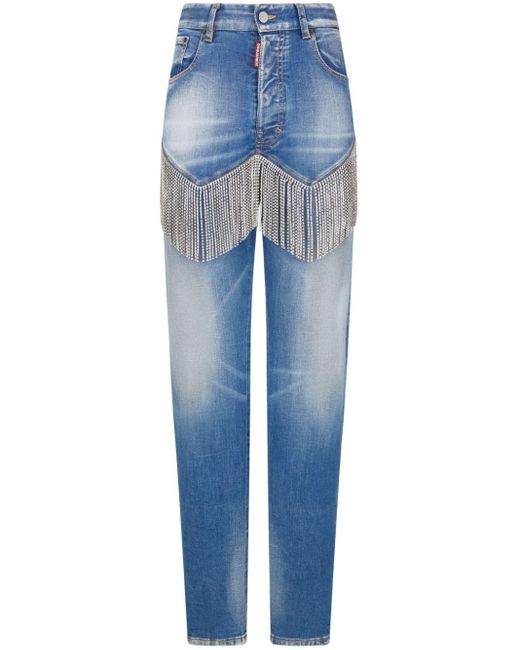 DSquared² Blue Slim-cut Rhinestone-fringe Jeans