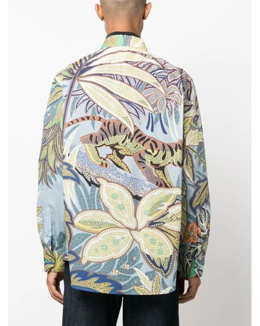 Etro Blue Botanical-Print Cotton Shirt for men