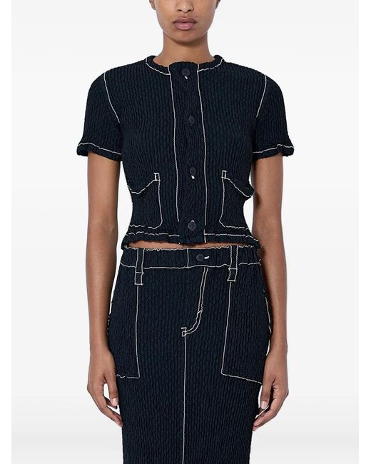 Issey Miyake Blue Wavelet Crinkle-Textured Contrast-Stitch Top
