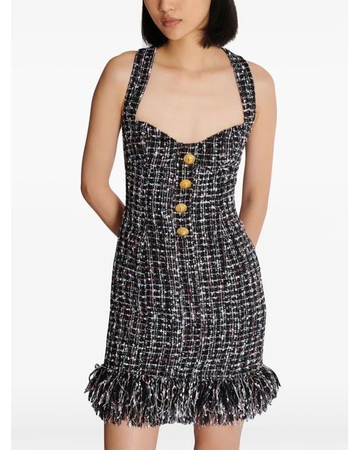 Balmain Black Button-Embellished Tweed Minidress