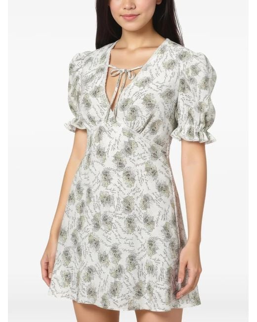 Pushbutton White Puffed-Sleeve Patterned Dress