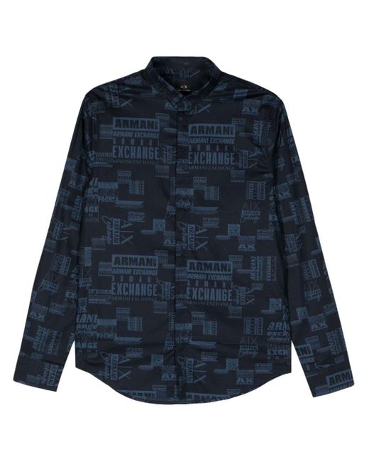 Armani Exchange Blue Logo-print Button-up Shirt for men