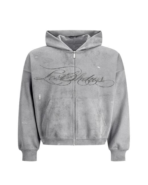 LOSTSHDWS Gray Distressed Script Hoodie for men