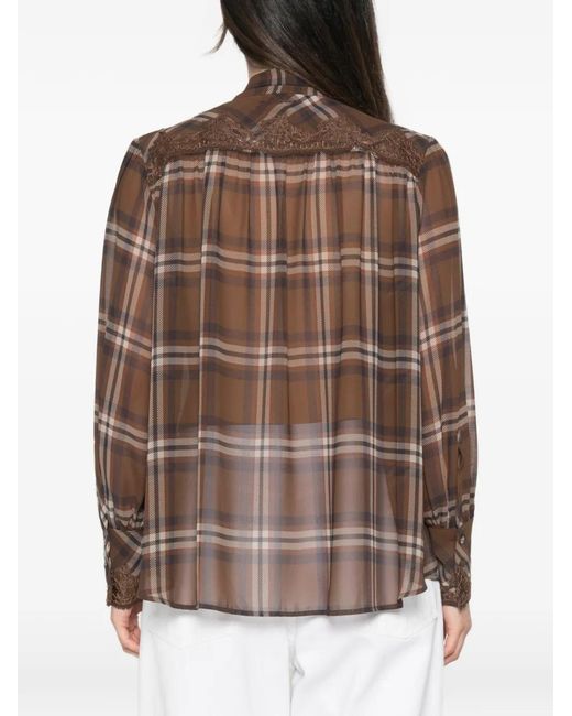 ERMANNO FIRENZE Brown Check-Pattern Pussy-Bow Shirt