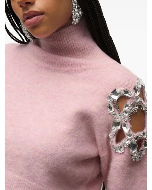 Area Pink Crystal-Cluster Flower Turtleneck Sweater