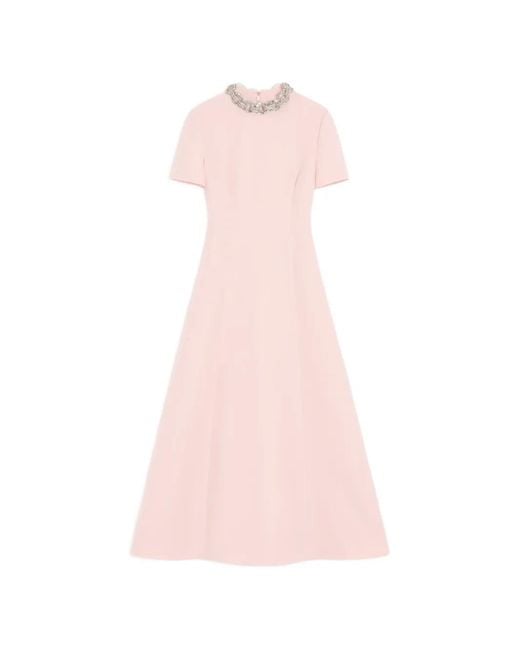 Valentino Garavani Pink Crepe Couture Embroidered Midi Dress