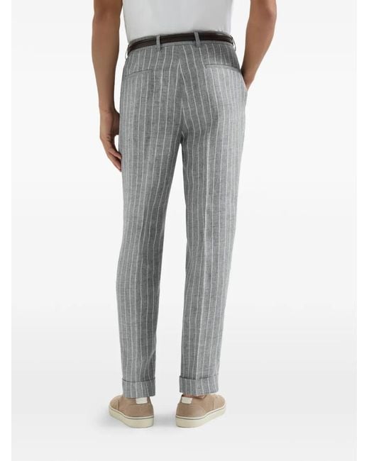 Brunello Cucinelli Gray Chalk-Stripe Linen Twill Trousers With Pleat for men