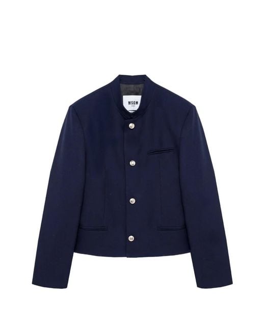 MSGM Blue Mandarin-Collar Logo-Patch Jacket for men