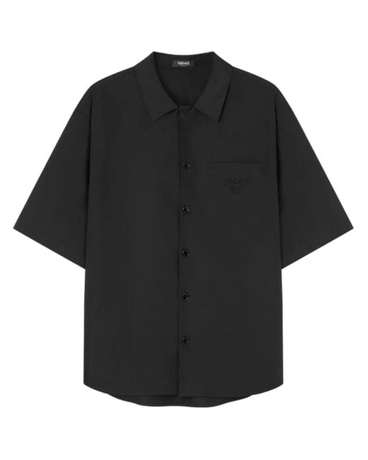 Versace Black Medusa Chain Camp-Collar Embroidered Printed Cotton-Twill Shirt for men