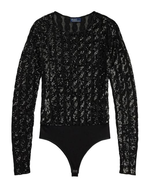 Polo Ralph Lauren Black Cable-Sequin Mesh Bodysuit
