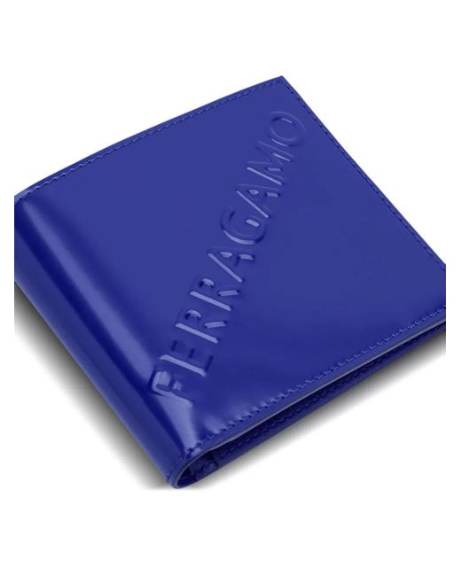 Ferragamo Blue Embossed Logo Leather Bifold Wallet for men