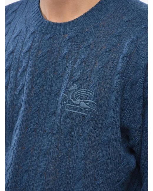 Etro Blue Cable-Knit Embroidered Sweater for men