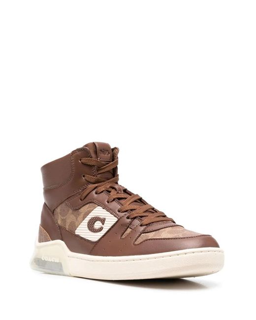 COACH Brown Side Logo-Patch High-Top Sneakers for men