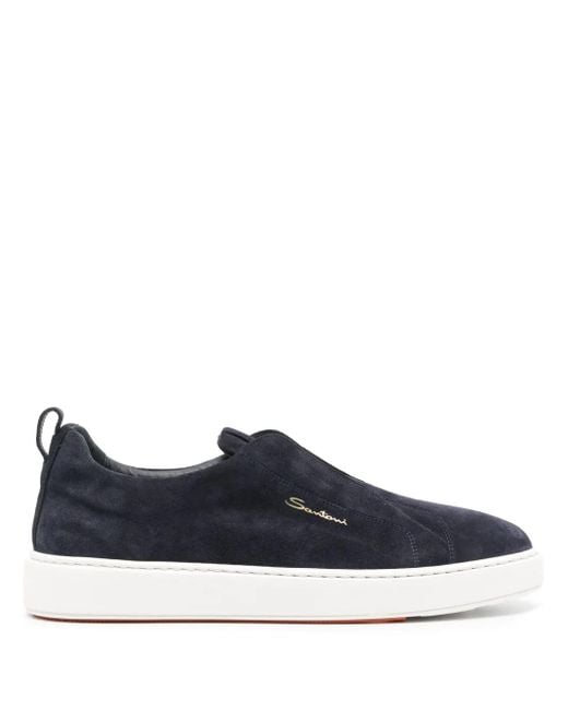 Santoni Blue Minimalist Trainers With Soft Suede Finish for men