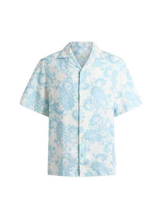 Etro Blue Linen Bowling Shirt With Paisley-Motif for men