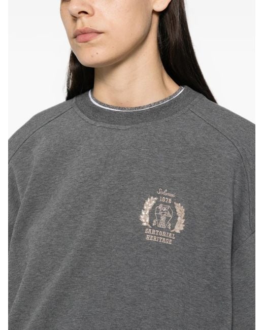 Brunello Cucinelli Gray Logo-Embroidered Raglan-Sleeve Sweater