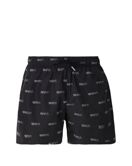 HUGO Black Logo Print Swim Shorts for men