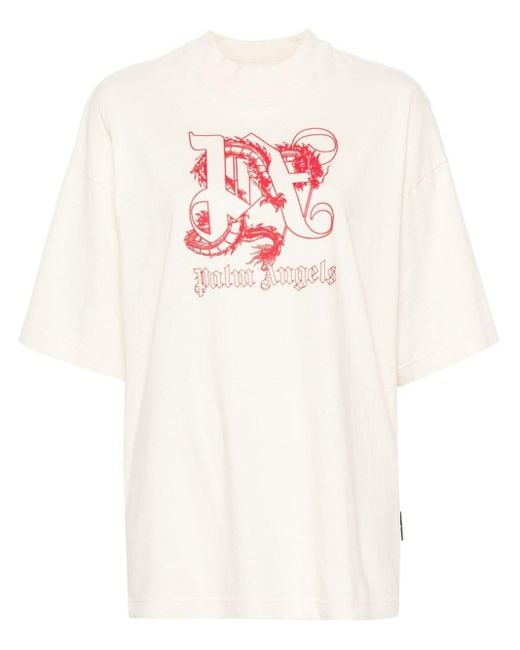 Palm Angels White Dragon-monogram Cotton T-shirt