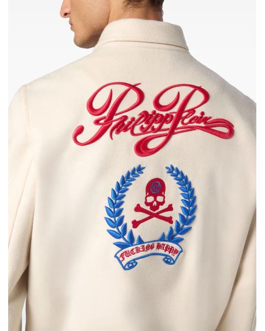 Philipp Plein White Skull-Embroidered Shirt Jacket for men