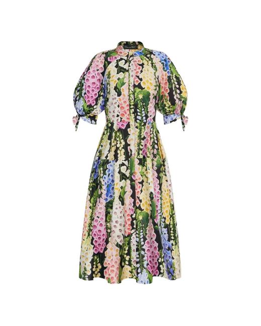 Oscar de la Renta White Foxglove Puff Sleeve Floral Print Midi Dress