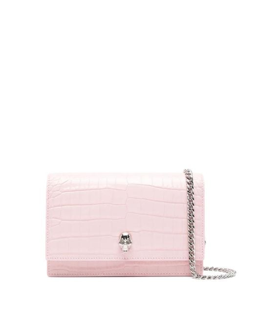 Alexander McQueen Pink Skull-Embellished Crocodile-Effect Mini Bag