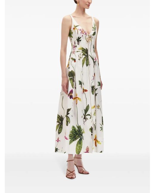 Oscar de la Renta White Orchid Zip-Front Poplin Dress