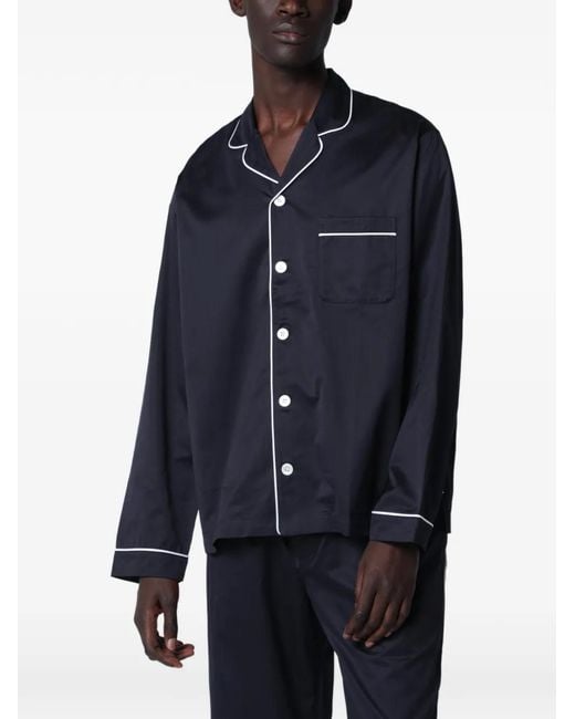 Tekla Blue Contrast-Piping Pajamas Shirt for men