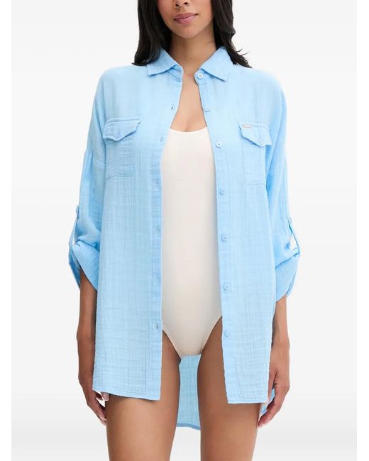 Melissa Odabash Blue Button-Up Chest-Pocket Shirt