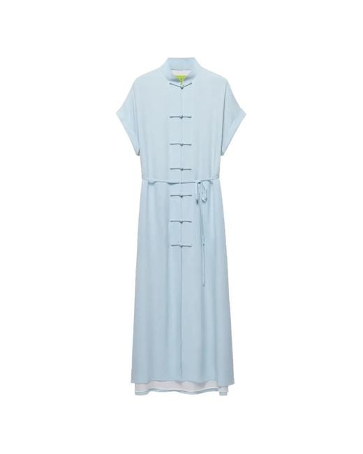 Shanghai Tang Blue Frog-Button Belted Shirt Dress