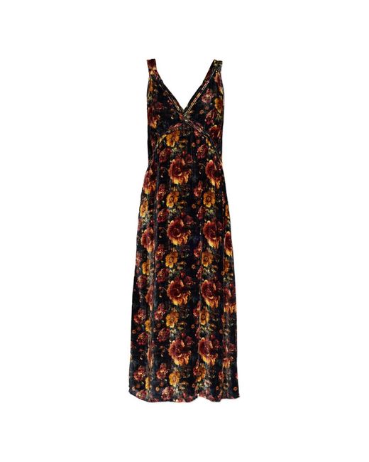 R13 Black V-Neck Floral-Print Midi Dress