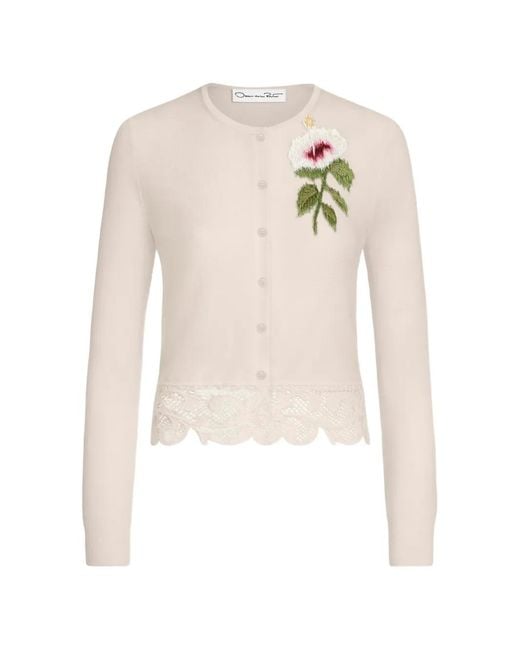 Oscar de la Renta White Chiné Hibiscus Threadwork Cropped Cardigan